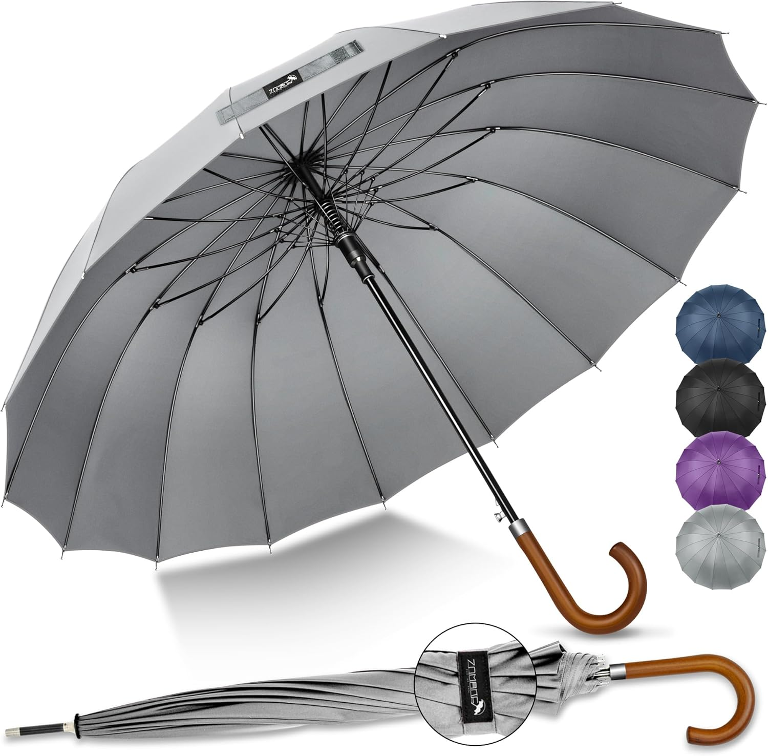 ZOMAKE Large Stick Golf Umbrella with Wood Hook Handle 16 Ribs - Automatic Open Classic Umbrellas Windproof Wooden Handle - Long Umbrella with J Hook,Curved Handle Umbrella Cane for Women Men