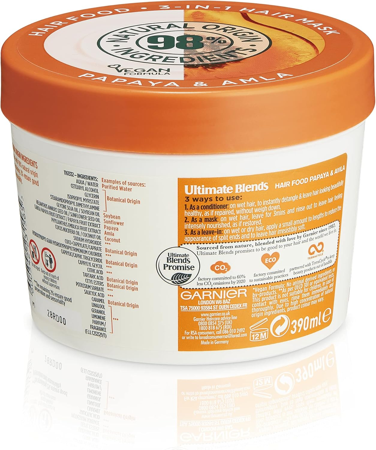 Garnier Hair Mask for Damaged Hair | Papaya Hair Food by Garnier Ultimate Blends, 3-In-1: Conditioner, Hair Mask, Leave-In Hair Conditioner | 98 Percent Natural Origin | 390 Ml image number 6