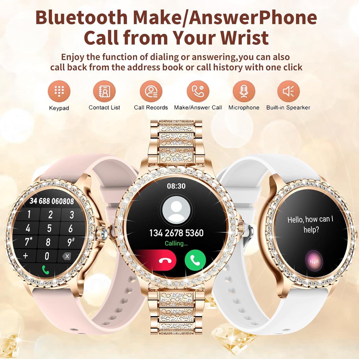 Fitonyo Women'S Smartwatch with Phone Function (Diamond Gold) - Diamond Silver image number 6