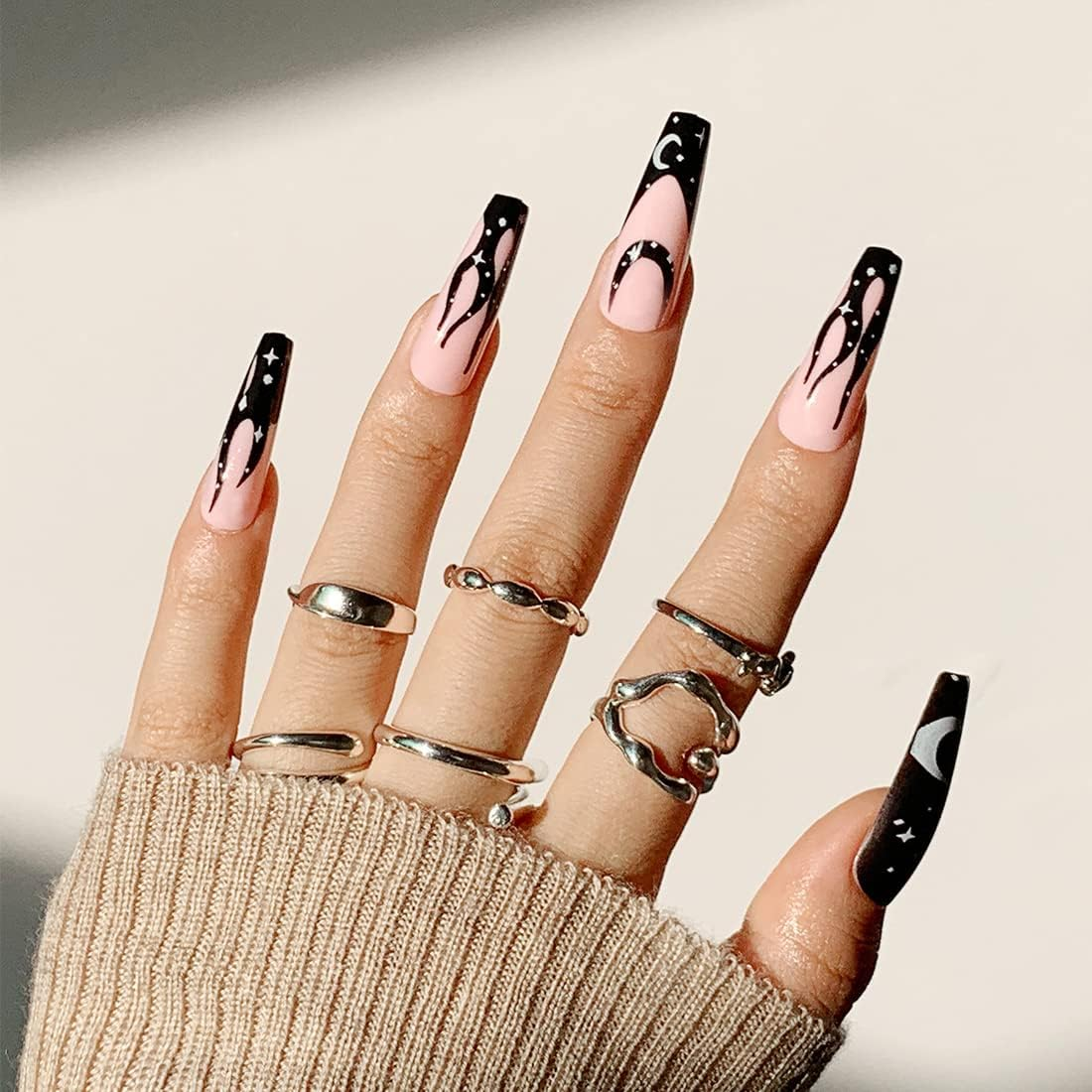 Coffin Press on Nails 24PCS Extra Long Ballerina False Nails Glossy Black Fake Nail Tips with Moon Star Design ​For Women Girls Party Salon image number 3