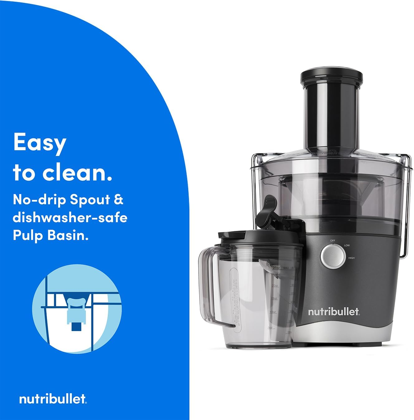 Nutribullet 800W Centrifugal Juicer - 8 Piece Set - 1.5L Pulp Basin & 800Ml Juicer Pitcher - Two Speeds, Wide 3" Chute, No-Drip Spout & Dishwasher Safe - Juice Tough Fruits and Vegetables with Ease image number 6