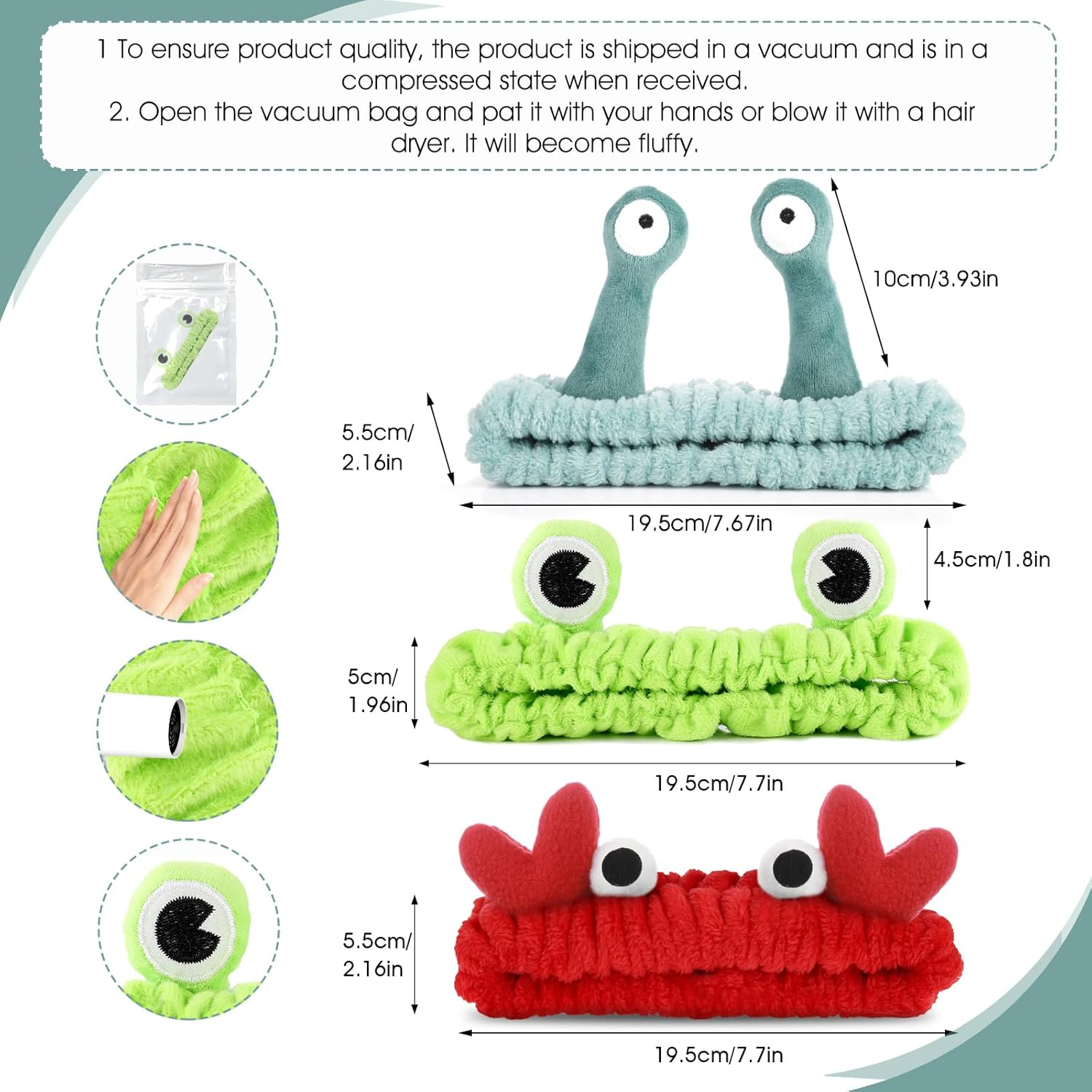 3PCS Face Wash Headband Snail Frog Crab Spa Hair Bands Women Soft Cute Cartoon Coral Fleece Elastic Headband Head Wraps for Face Wash Makeup Beauty Skincare Sport Shower Creative Hair Accessories image number 1