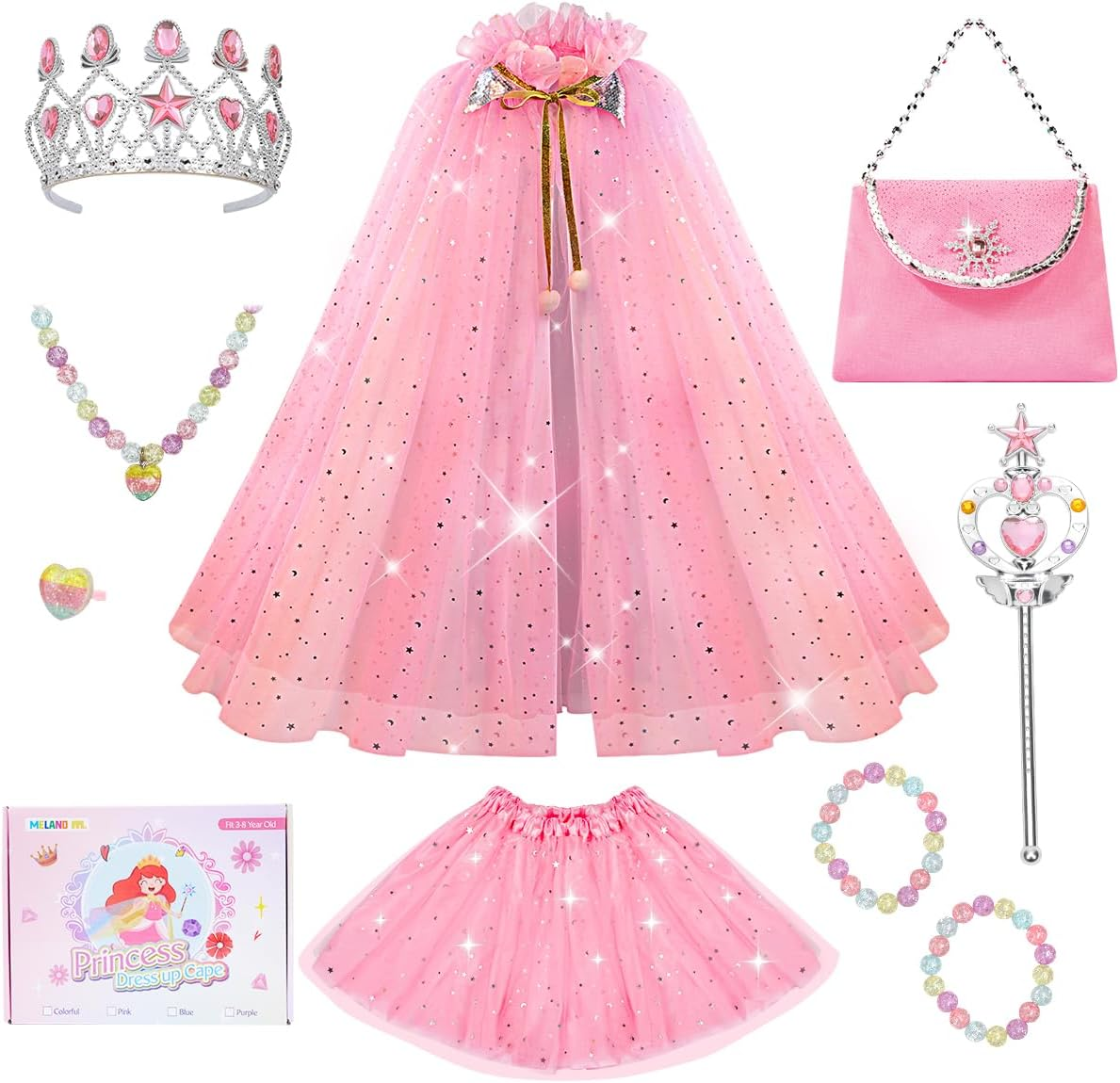 Meland Princess Dress up Clothes for Little Girl, 11Pcs Princess Cape with Crown, Princess Dresses for Girl 3-8 Birthday Gift