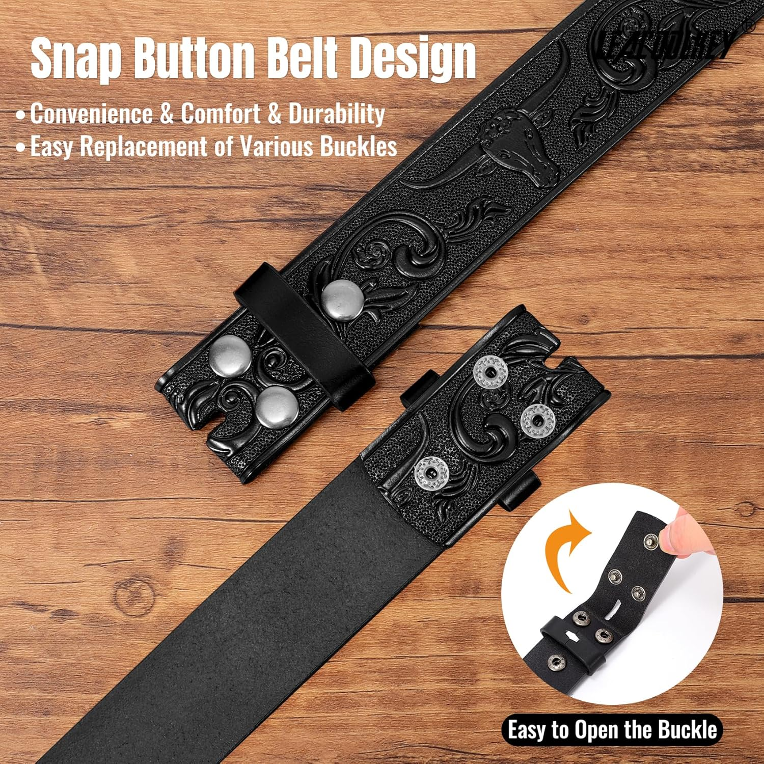 LEACOOLKEY Western Leather Belt Strap for Men Women Cowboy Western Belts without Buckle Men Western Leather Belt for Jeans Pants image number 4