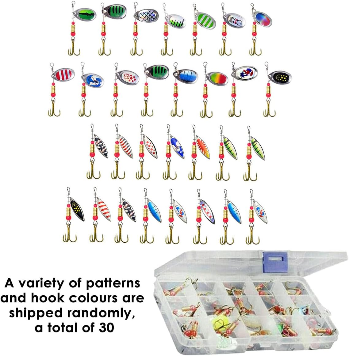 AIMALL 30PCS Spinner Fishing Lure Set with Treble Hooks 2.4In Metal Spoon Baits for Bass Trout Salmon Pike &ndash; Random Colourful Patterns in Tackle Box image number 3