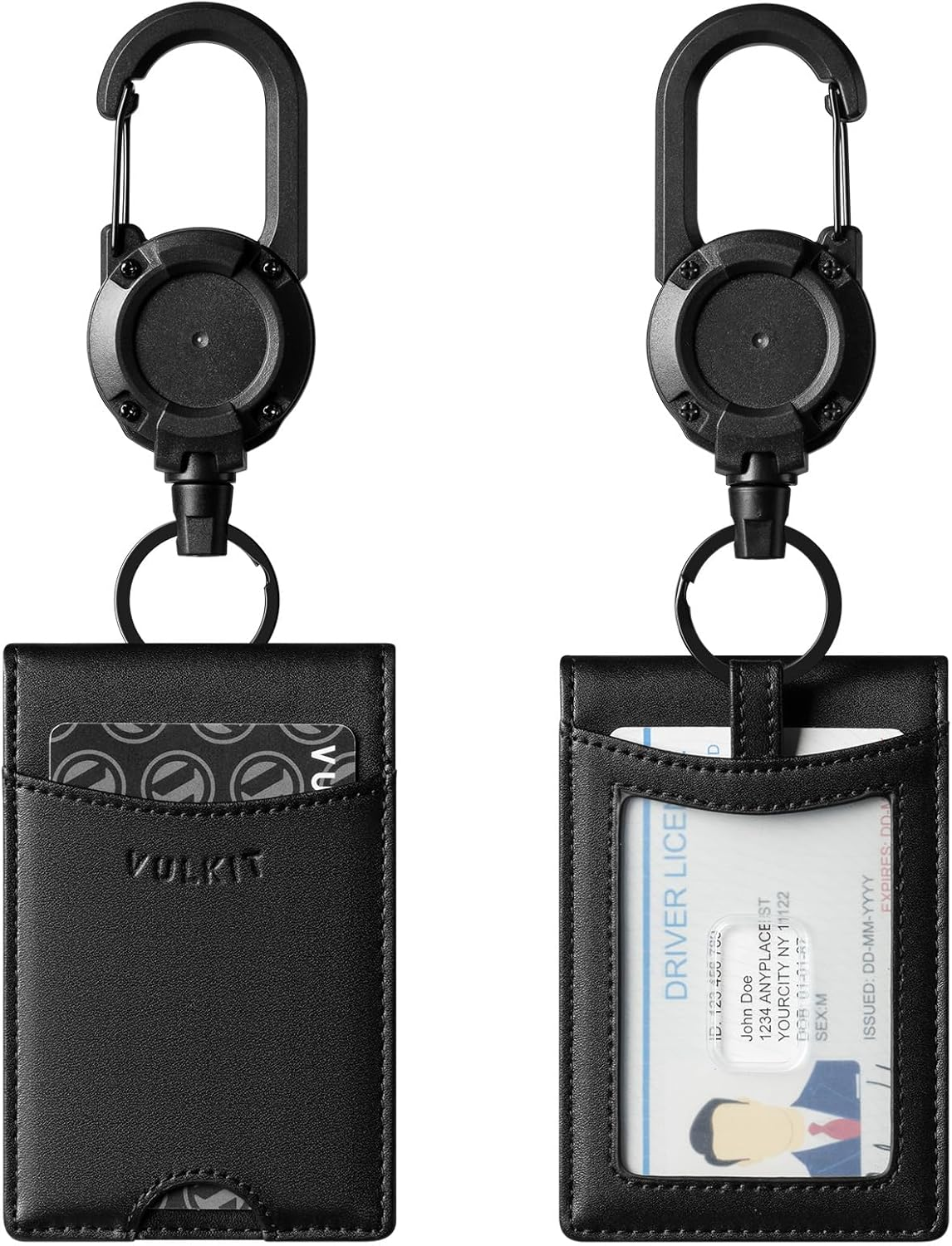 VULKIT Badge Holder Retractable Clip, Leather Bifold Double ID Card Holder, Retractable Keychain Carabiner, Holds 5 Cards, Keys Khaki