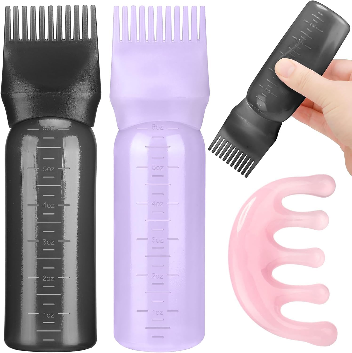 2 Pack Hair Oil Applicator Bottle for Scalp with Comb,Hairs Oil Bottle with Root Comb for Scalp, Shampoo Scrubber Applicator,Hair Dye Tools (Purple+Black, 17.2 * 4.5Cm) image number 2
