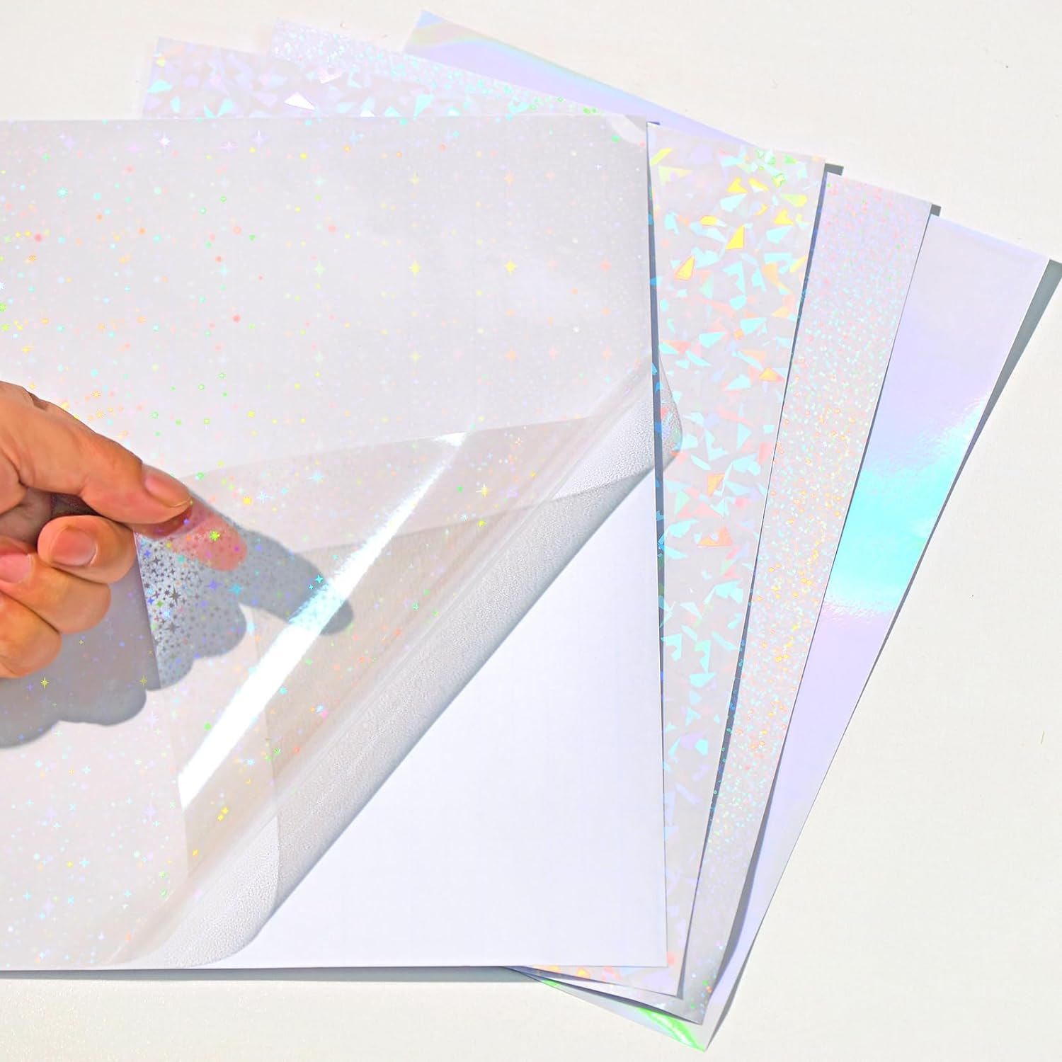 36 Sheets Holographic Sticker Paper, Transparent Holographic Vinyl Laminate Film, Clear Overlay Lamination Sticker Paper Self Adhesive Waterproof - Gem, Dot, Colorful, Star Patterns/8.5X11 Inch image number 1