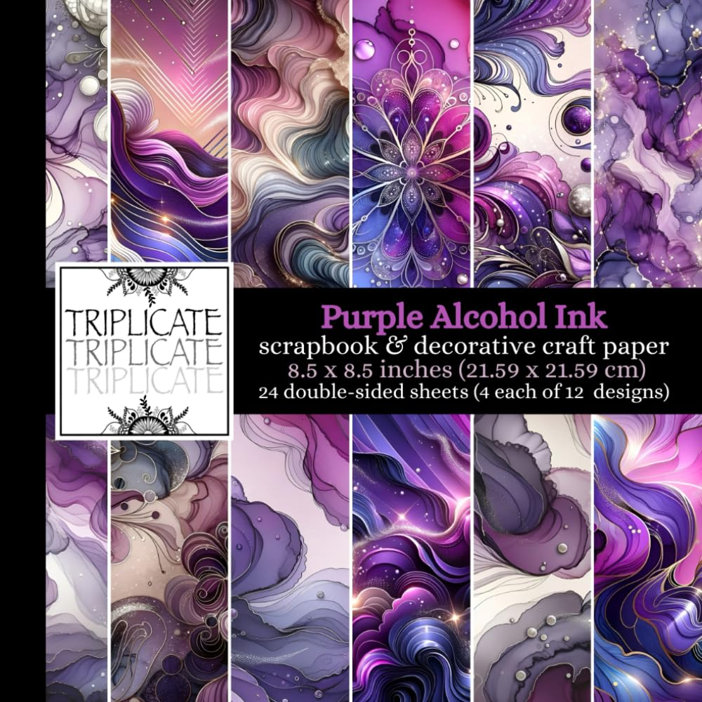 Vibrant Purple Alcohol Ink Scrapbook and Decorative Craft Paper: 24 Double-Sided Matte Sheets of 8.5 X 8.5 Inch 60Lb (90Gsm) Cardstock Featuring 12 Background Designs (4 of Each Design)