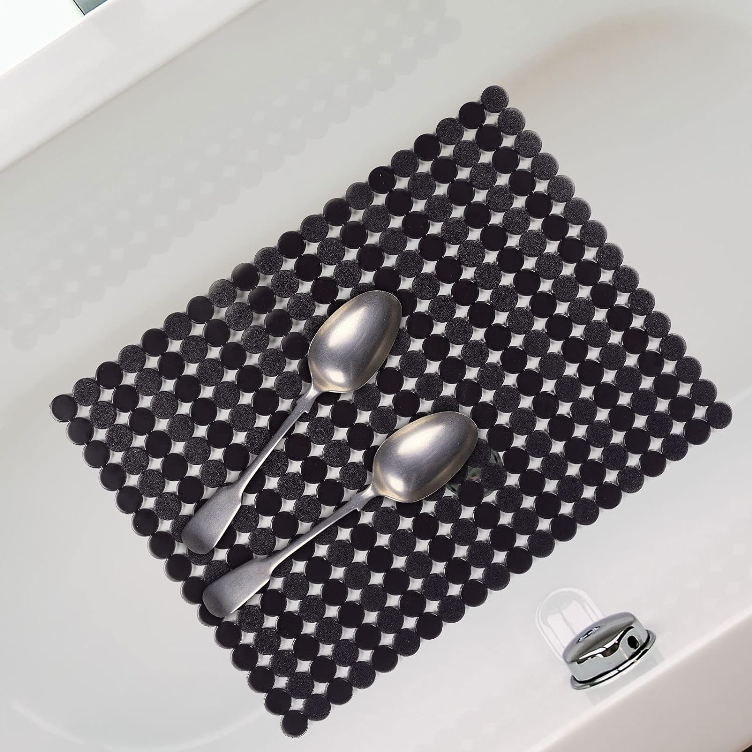 Qulable 2Pack Kitchen Sink Mat for Stainless Steel/Ceramic Sinks, PVC Eco-Friendly Protectors for Bottom of Kitchen Sink, Adjustable, Fast Draining, Dots Design, 11.8X15.7 (Black) image number 4