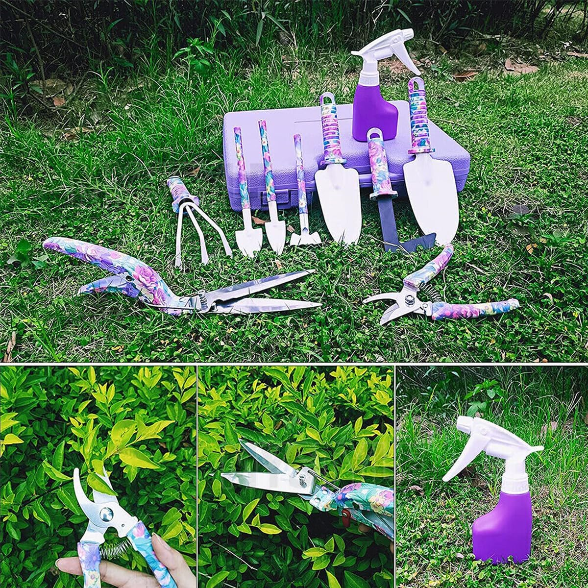 AIMALL 10PC Garden Tool Kit - Shovel, Rake, and Planting Tools Set with Ergonomic Purple Handles for Gardening