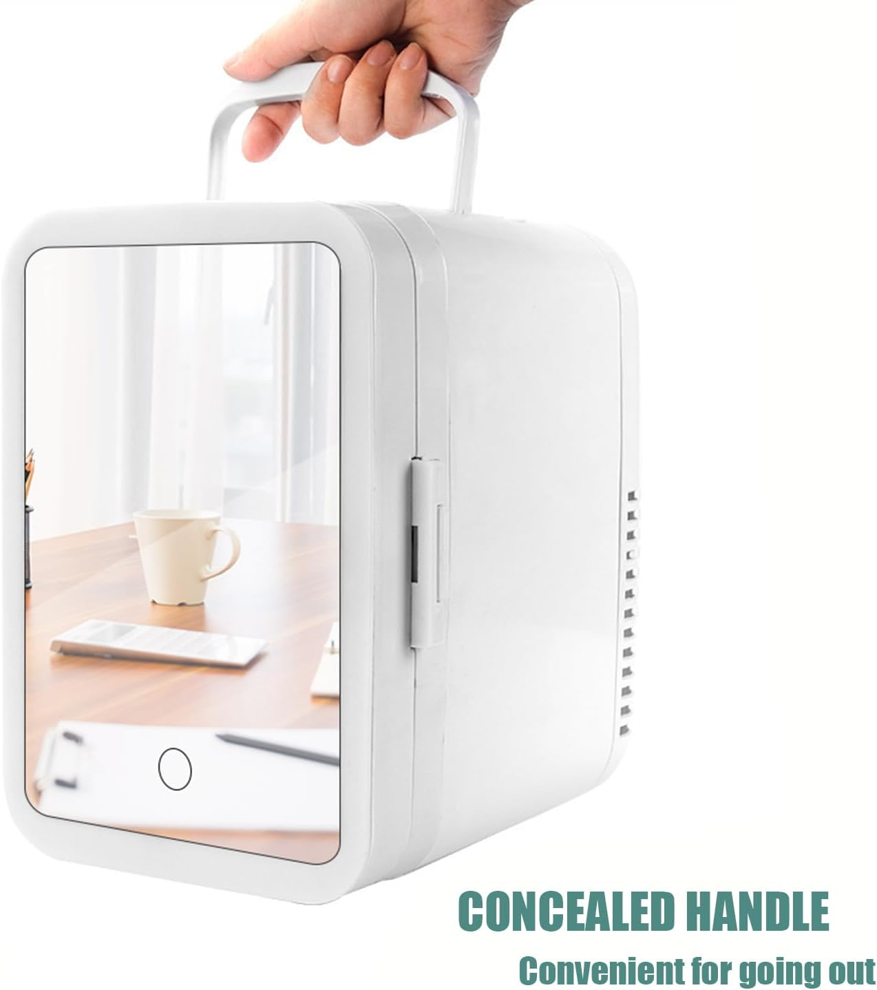 Portable Makeup Fridge for Skincare,Mini Fridge with Dimmable LED Mirror, Easy-Take Skincare Fridge, for Refrigerating Makeup, Skincare and Food, Mini Fridge for Bedroom, Office and Car, White