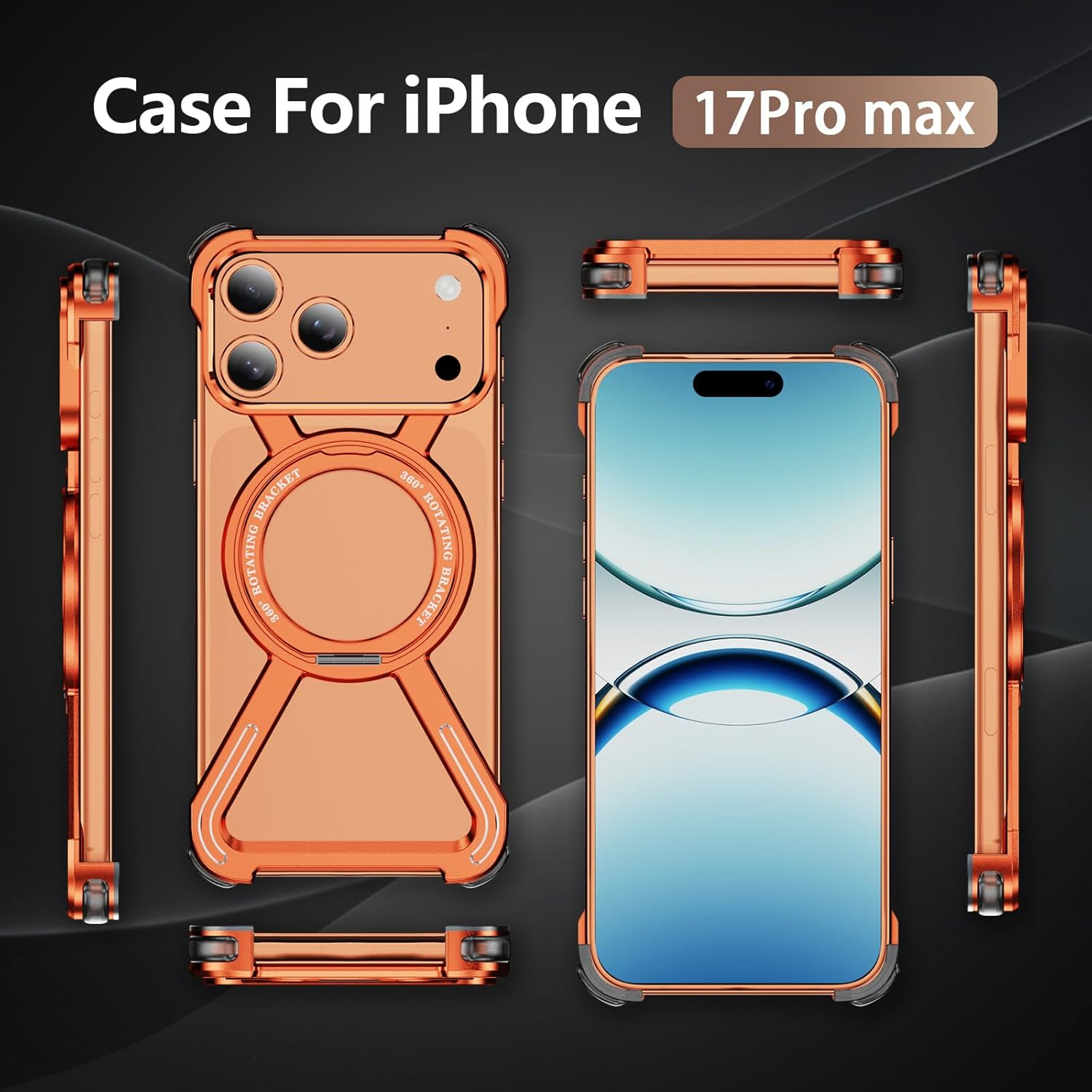 IMEIKONST Case for Iphone 17 Pro Max with 360&deg; Spin Magnetic Stand, [Compatible with Magsafe] Titanium Metal Frameless Military-Grade Drop Protection Cover for Iphone 17 Pro Max. Orange THJ image number 1