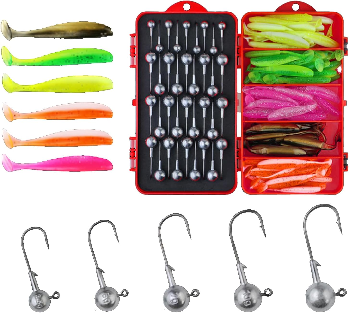 SUSOO 50Pcs Soft Fishing Lures Kit, Paddle Tail Swim Bait with 5 Sizes & 50 Hooks, Soft Plastic Baits for Bass, Trout, Walleye, Crappie, Pike, Multi-Color Swimbaits for Freshwater & Saltwater Fishing image number 5
