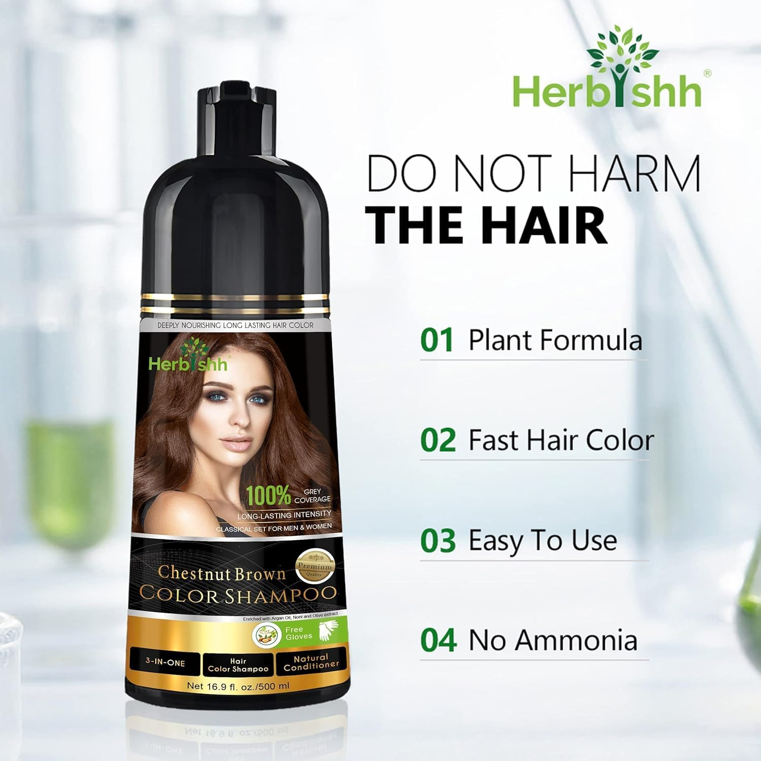 Herbishh Chestnut Brown Gray Hair Shampoo &ndash; 4 Bottles + 4 Pouches | 3‑In‑1 Ammonia‑Free Hair Dye Conditioner image number 1