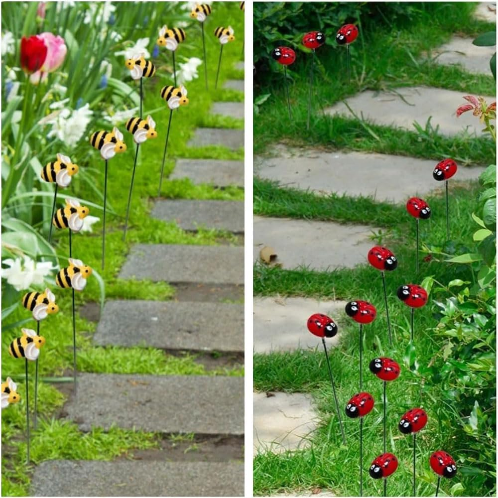 10Pcs Bee + 10Pcs Ladybug Garden Stakes Outdoor Decor Colorful Insect Art for Flower Beds, Spring Lawn and Patio, Honeybee and Ladybug Themed Plant Accessories, Painted Resin Craft for Yard and Garden