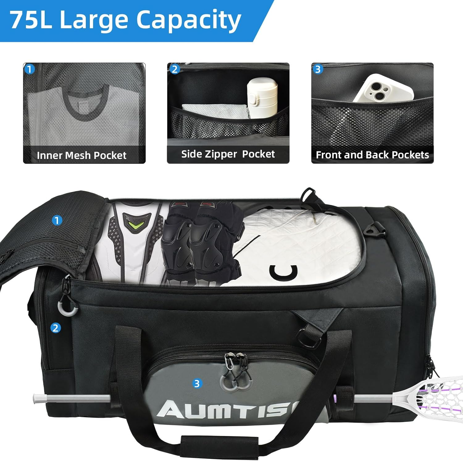 AUMTISC Lacrosse Bag Backpack 65L / 75L, 2 Stick Holders, Separate Cleats Compartment, Adjustable Shoulder Straps, Large Capacity to Holds All Lacrosse Equipment image number 1