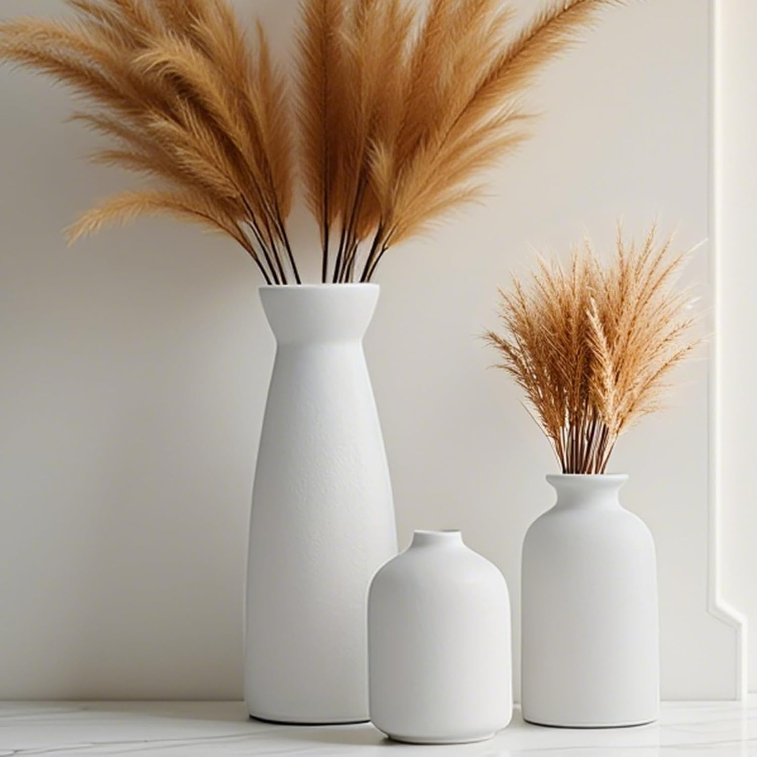 Ceramic Vase Set of 3, Beige Ceramic Vase Set, Modern Bohemian Farmhouse Home Decor, Vases for Living Room, Dining Room, Bedroom, Kitchen, Bathroom, Office, Entryway (Beige) image number 1