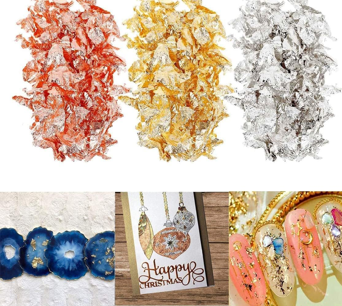 Betterjonny 45G Foil Flakes - 3 Colors Imitation Gold, Silver, Rose Gold Metallic Leaf for Decoration, Arts, Nail Painting, Gilding, Crafting