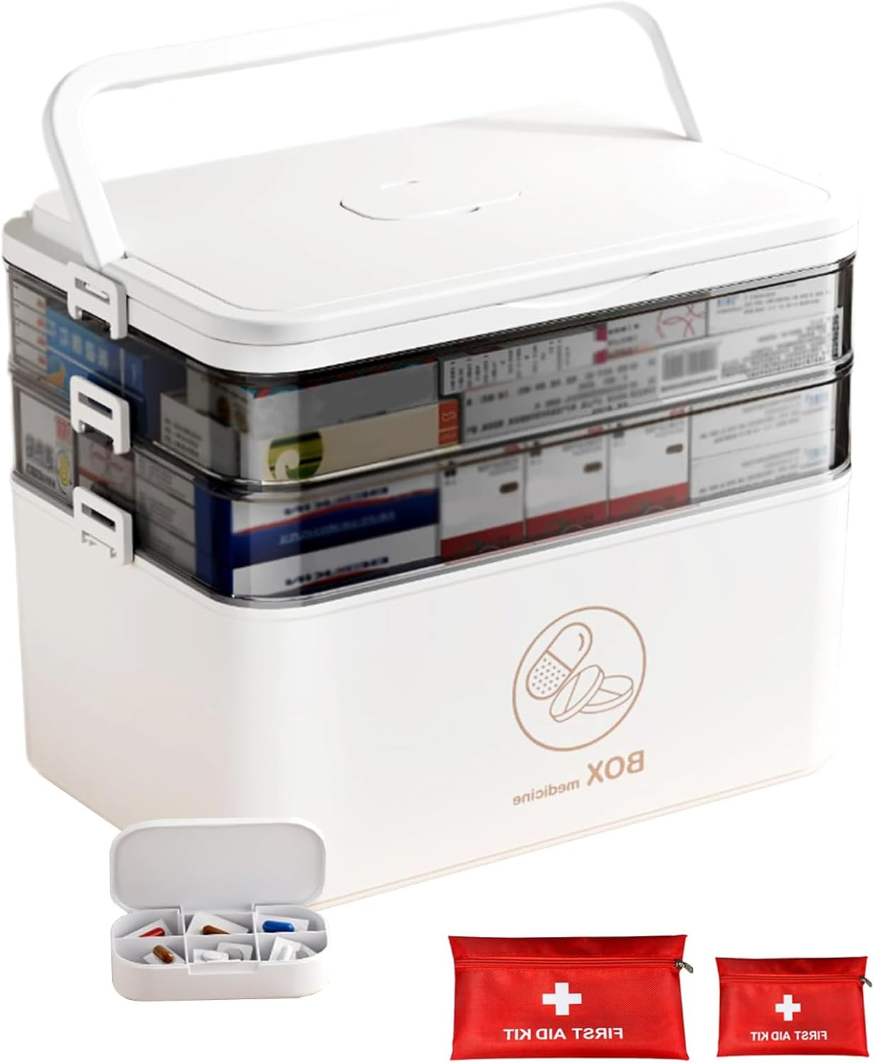 3-Tier Medicine Storage Box,Portable Medicine Organizer. Multipurpose Storage Box with Handle for Home & Travel, Ideal for Emergency First Aid (White)