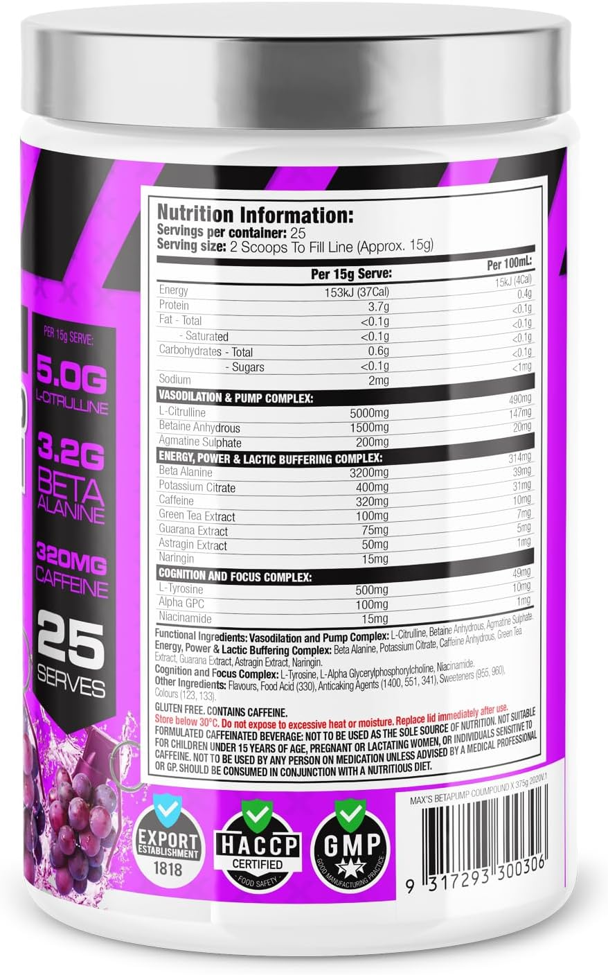 Maxs Lab Series Beta Pump Compound Grape Grenade Pre-Workout Powder 375G