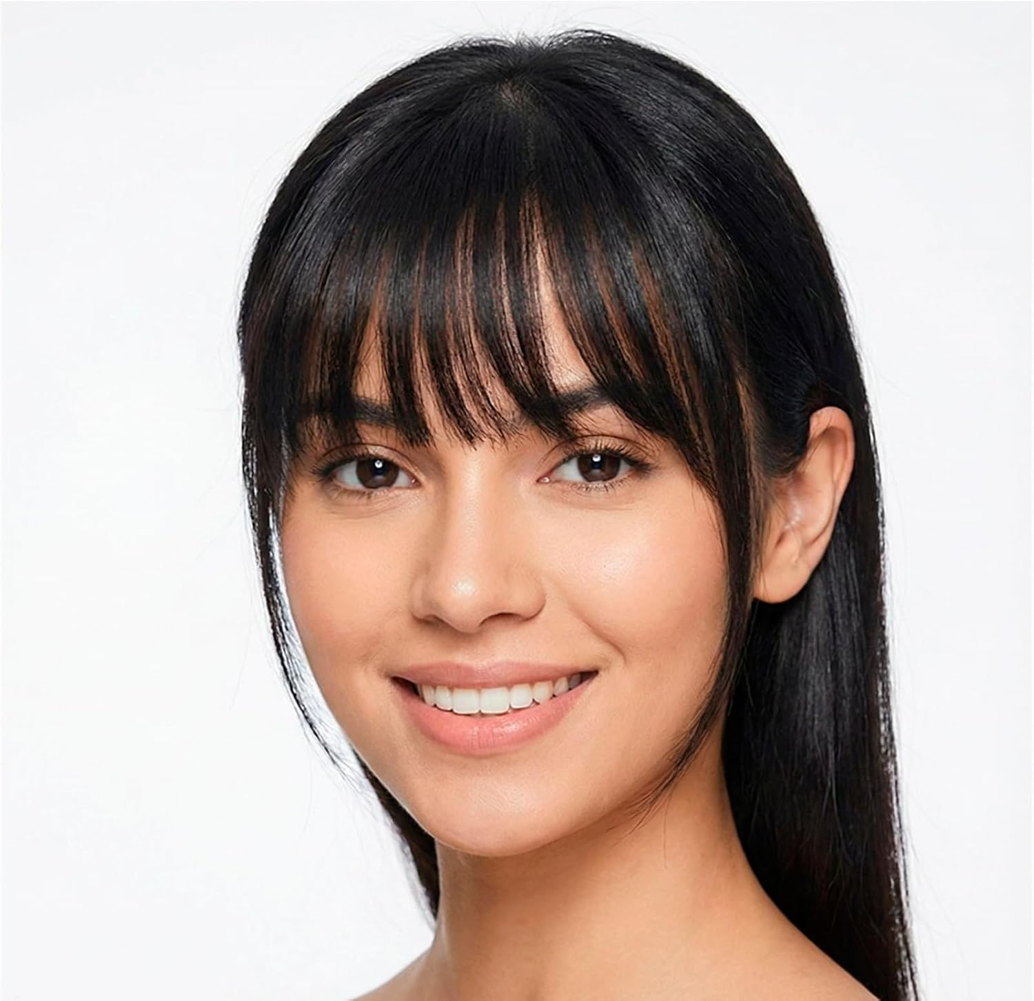 Luzcauwy Clip in Bangs Hair Extensions Medium Brown Human Hair, One Piece Fringe Hairpiece with Temple, Natural Air Bangs for Women, Easy to Wear and Blend image number 2