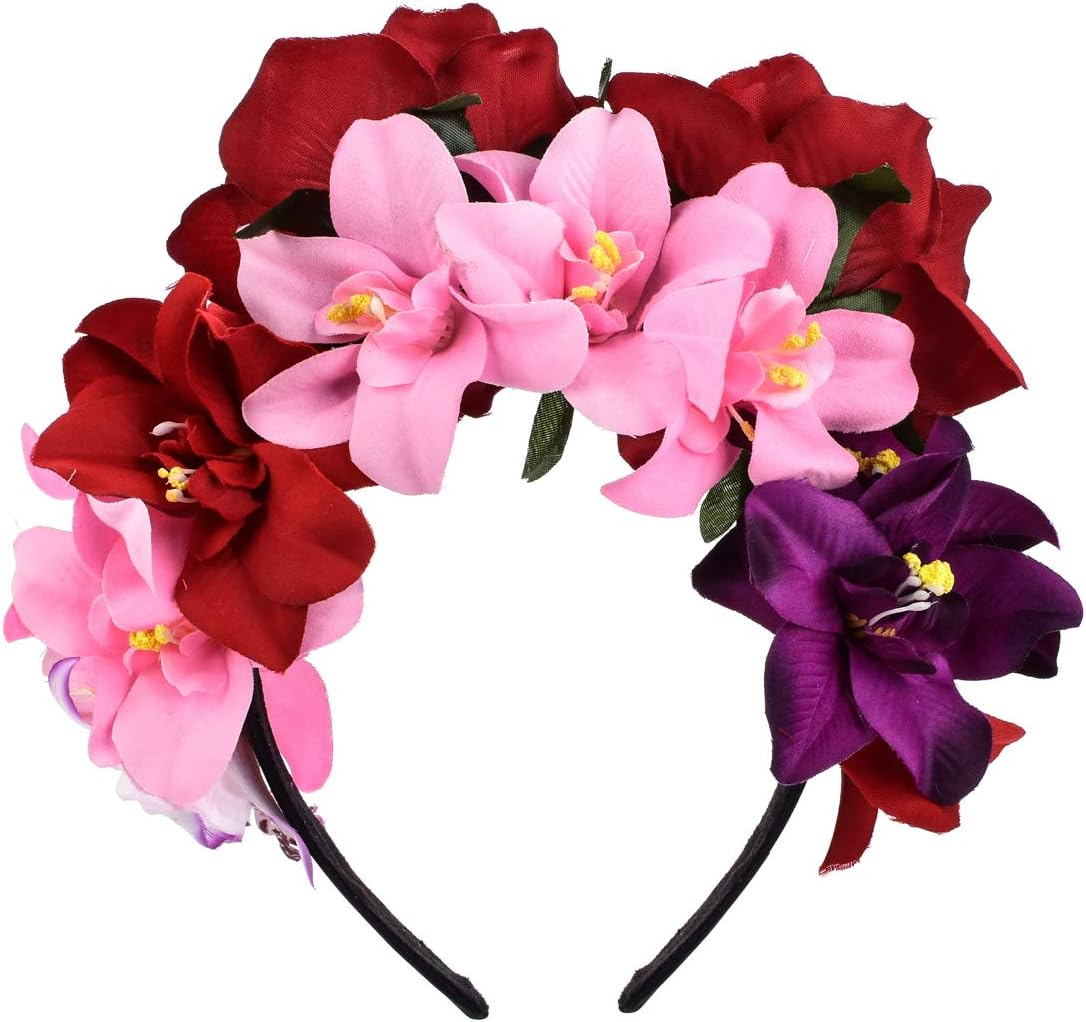 Merroyal Halloween Flower Crown Headband Party Costume Dia De Los Muertos Day of the Dead Headpiece, Red Purple Pink, One Size