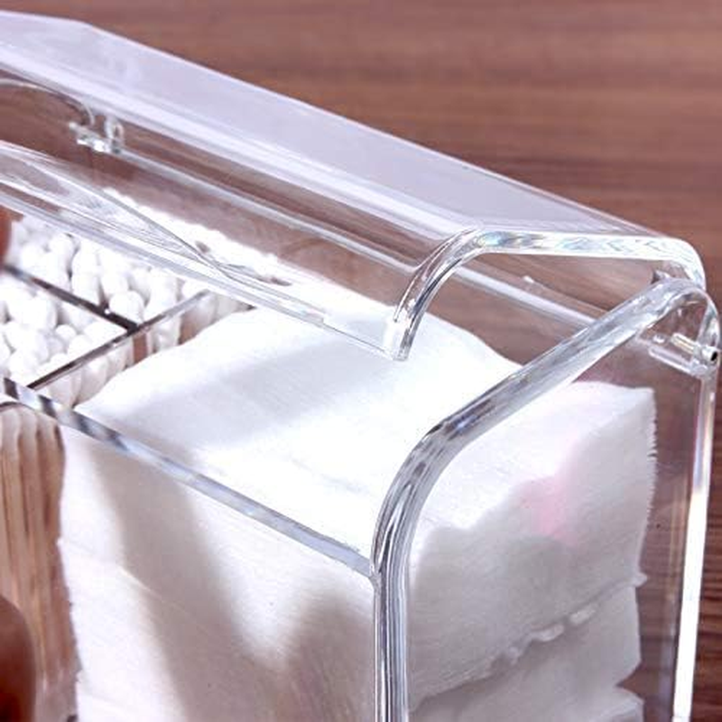 3 Partitions Cotton Ball and Swab Holder Organizer with Lid Clear Acrylic Cotton Pad Container for Cotton Swabs Q-Tips Make up Pads Cosmetics and More (Clear) image number 6