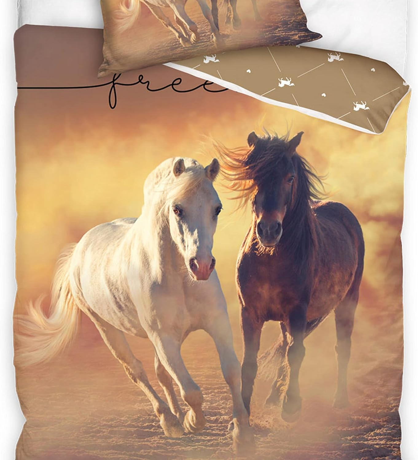 Termana Horse Bed Linen Set 135 X 200 Cm Girls' Bed Linen Set Horse Motif Freedom Pillowcase 80 X 80 Cm Duvet Cover 135 X 200 Cm 100% Cotton