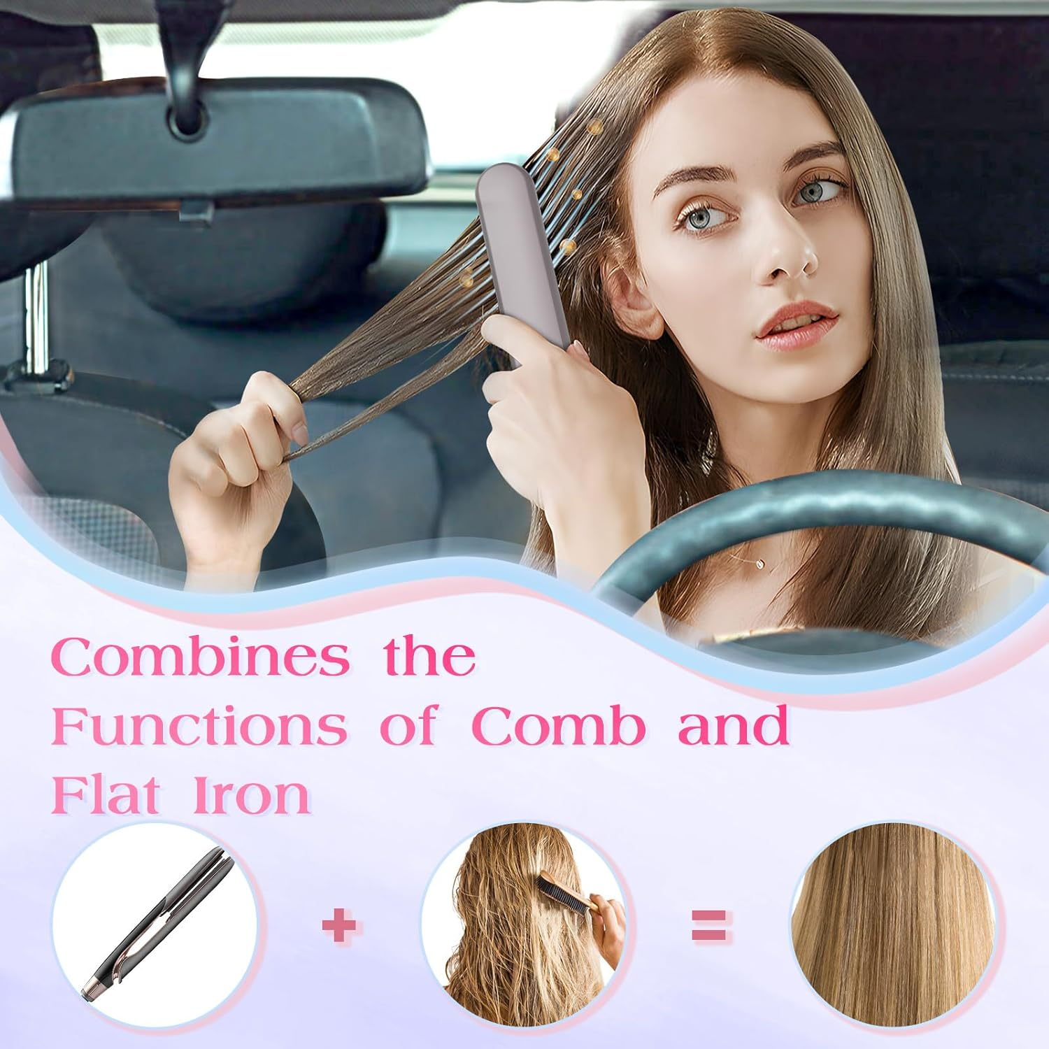 Electric Hair Straightener Brush, KYOEON Portable Cordless Mini Hair Straightening Brush for Women Travel, 9600Mah Rechargeable, Fast Heating Hair Straight Comb - Pink image number 2