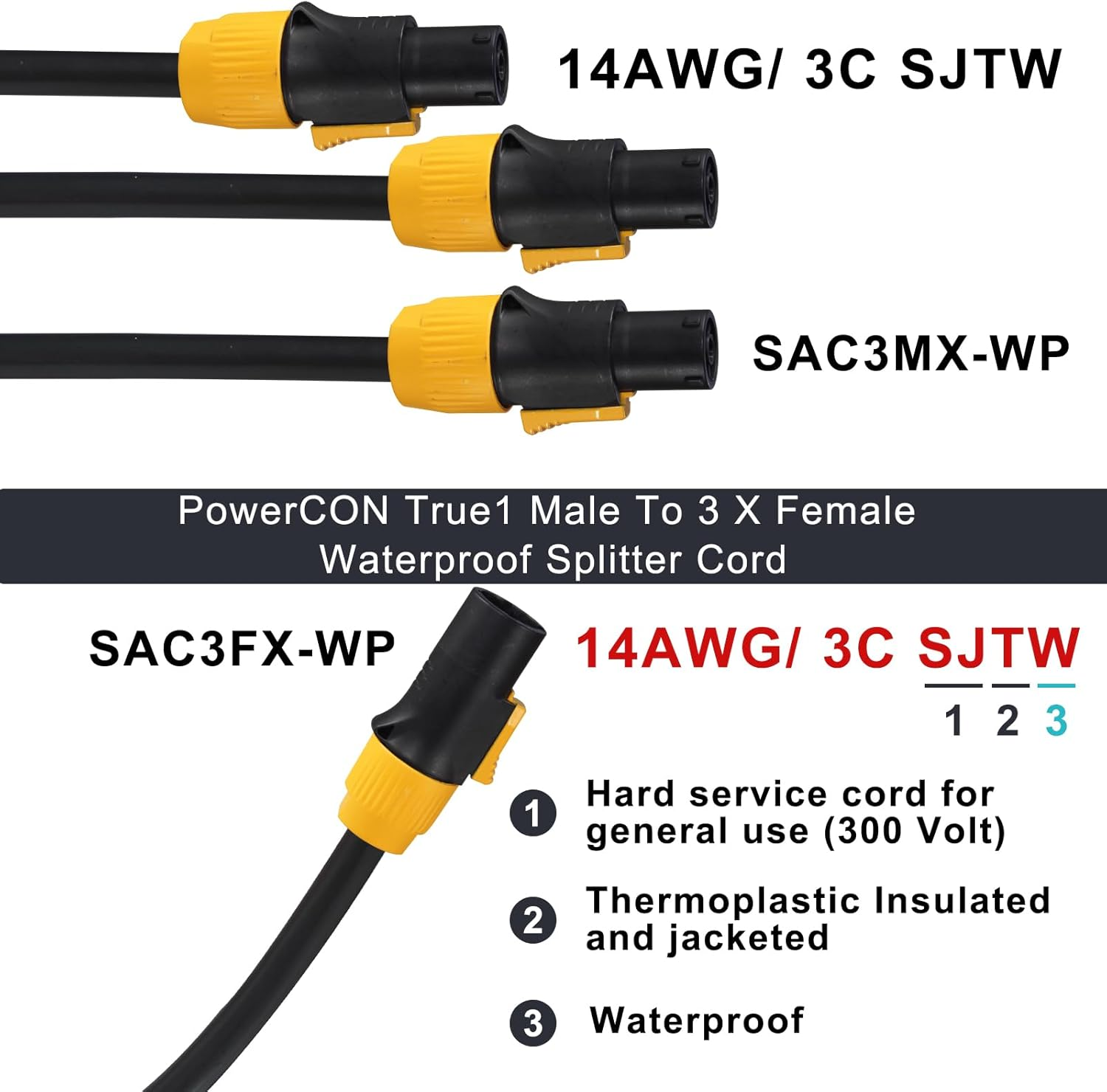 Powercon Ture1 NAC3MX-W to 3X NAC3FX-W Splitter Extension Cable 3 Ways Powercon Male to Female Cords 14 Gauge 3FT Heavy Duty image number 2