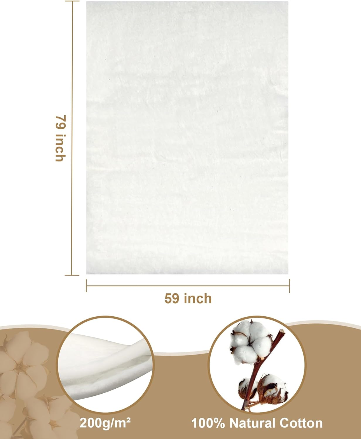 PLANTIONAL Natural Cotton Batting for Quilts: 59-Inch X 79-Inch Light Weight Purely Natural All Season Quilt Batting for Quilts, Craft and Wearable Arts image number 3