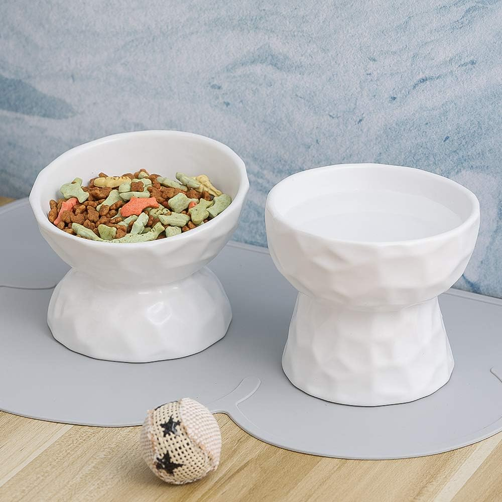 White Ceramic Cat Food and Water Bowl Set,Cat Food Dish with Stand,Elevated Cat Bowls,Raised Cat Food Bowls anti Vomiting,Pet Bowl with anti Slip Mat,Stress Free for Cats and Small Dogs image number 1