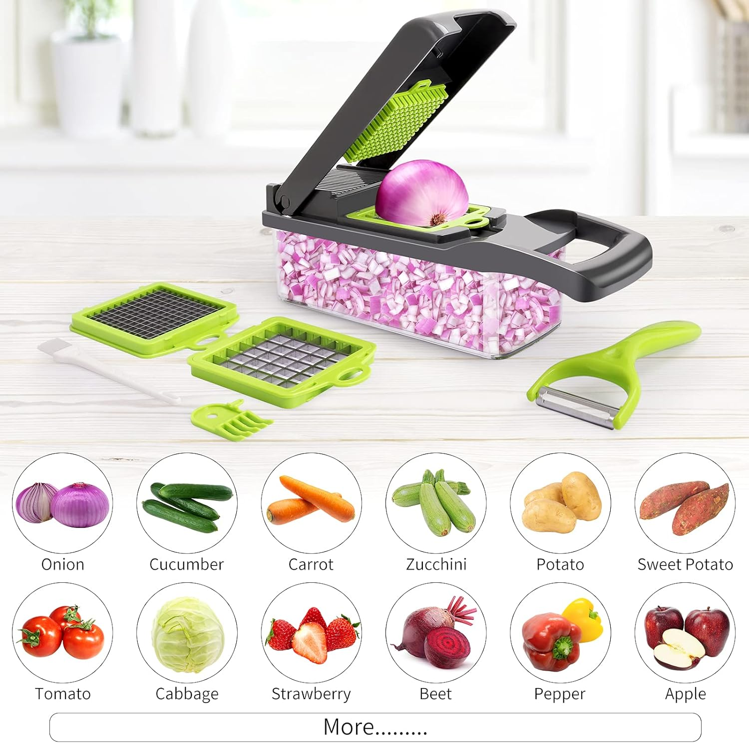 Senbowe Vegetable Chopper, Multifunctional 16-In-1 Food Choppers Onion Chopper Vegetable Slicer Cutter Dicer Veggie Chopper with 8 Blades,Colander Basket,Container for Salad Potato Carrot Garlic - Gray+Green image number 6