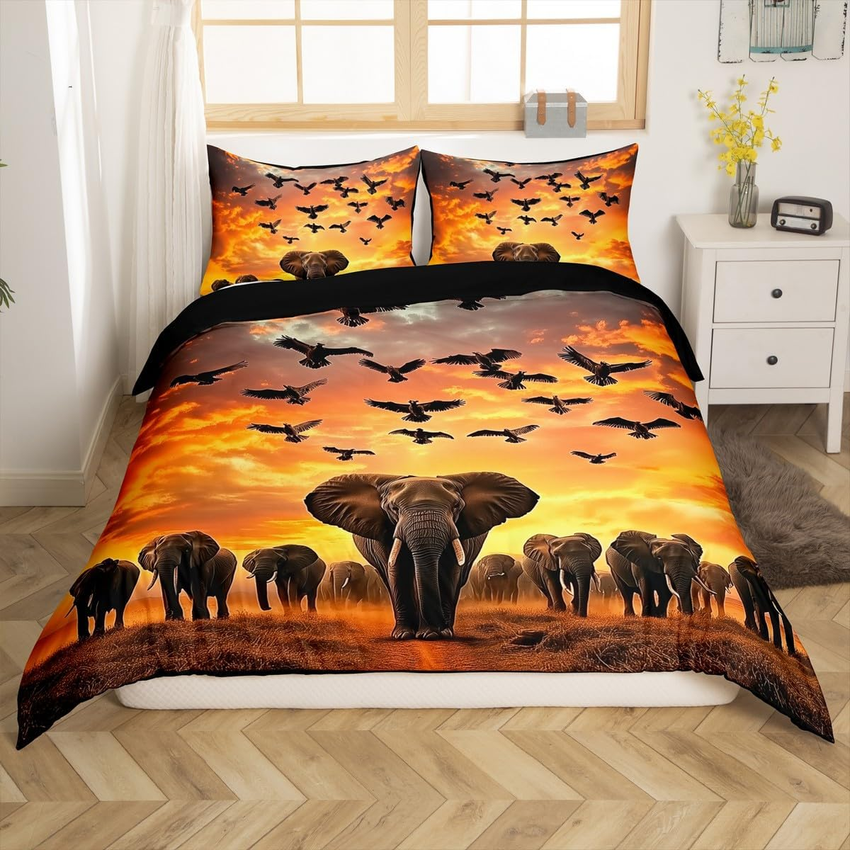 Homewish Elephant Animal Bedding Set 135 X 200 Cm, Wild Safari Theme Duvet for Children, Teenagers, Adults, African Elephant Print Duvet Cover, Aesthetic Nature Landscape Bed Sets image number 1