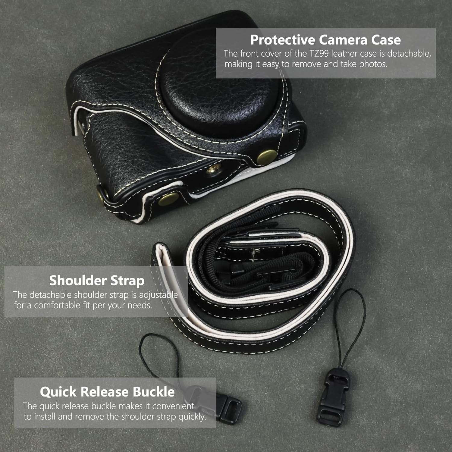 Aisnyho Camera Case for Panasonic Lumix DC-TZ99,PU Leather Protective Cover Detachable Carrying Case Bag with Adjustable Shoulder Strap, Black, PU Protective Case - White image number 6