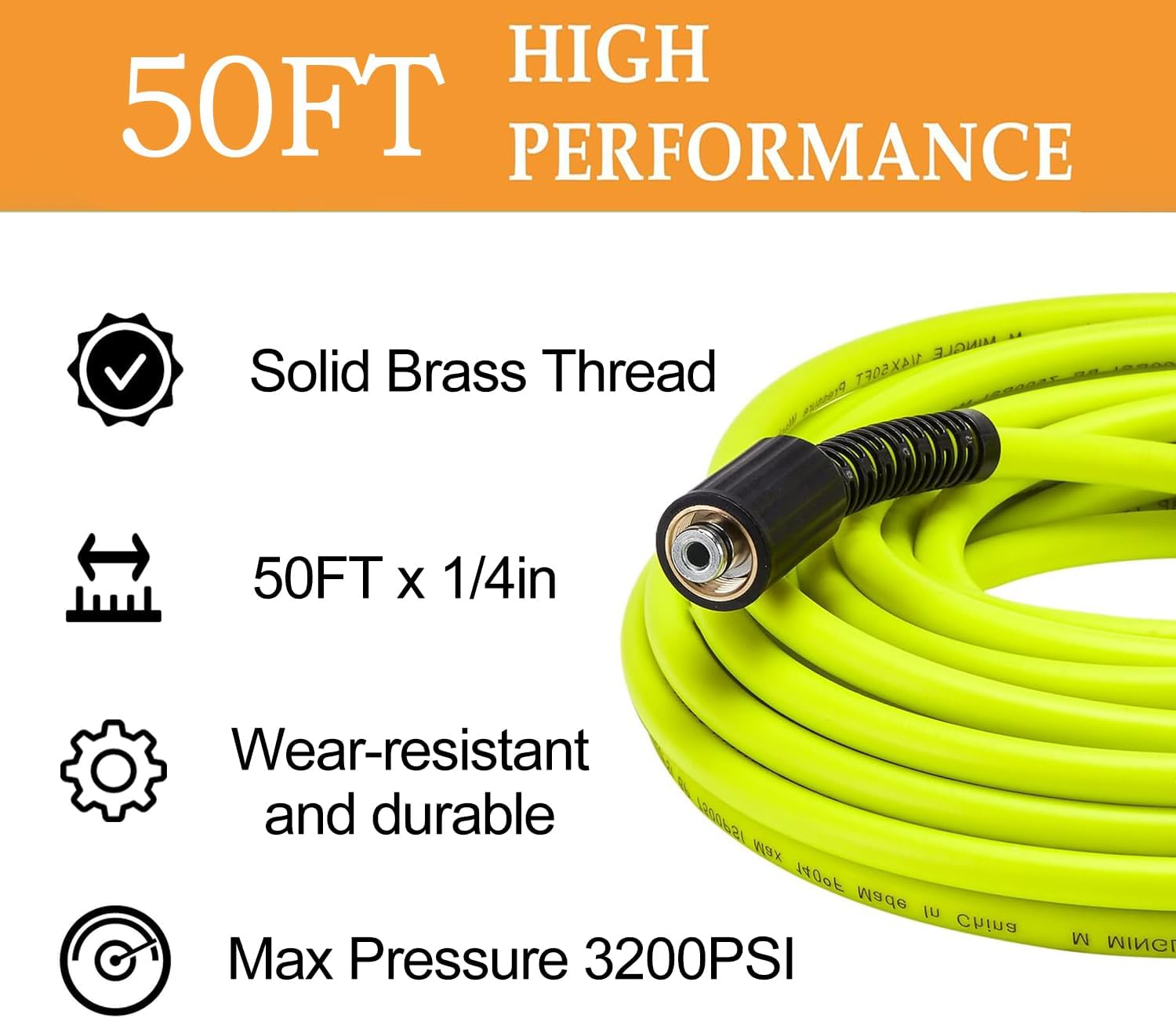 Pressure Washer Hose 50FT X 1/4" - Universal Replacement with Quick Connect Kits & M22 14Mm Fittings - 3200PSI image number 3