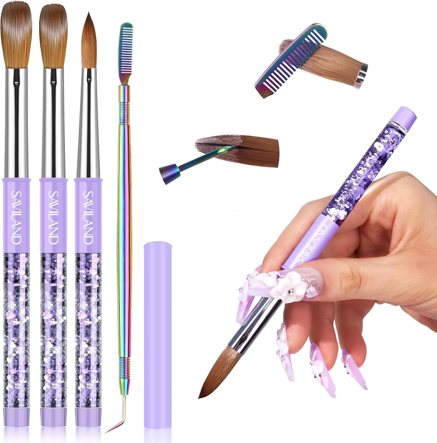 SAVILAND Kolinsky Acrylic Nail Brush Set: Size 6,10,14 Professional Nail Brushes Cleaner Manicure Tool for Acrylic Application Acrylic Powder Nail Extension 3D Nail Carving for Nail Art DIY image number 4
