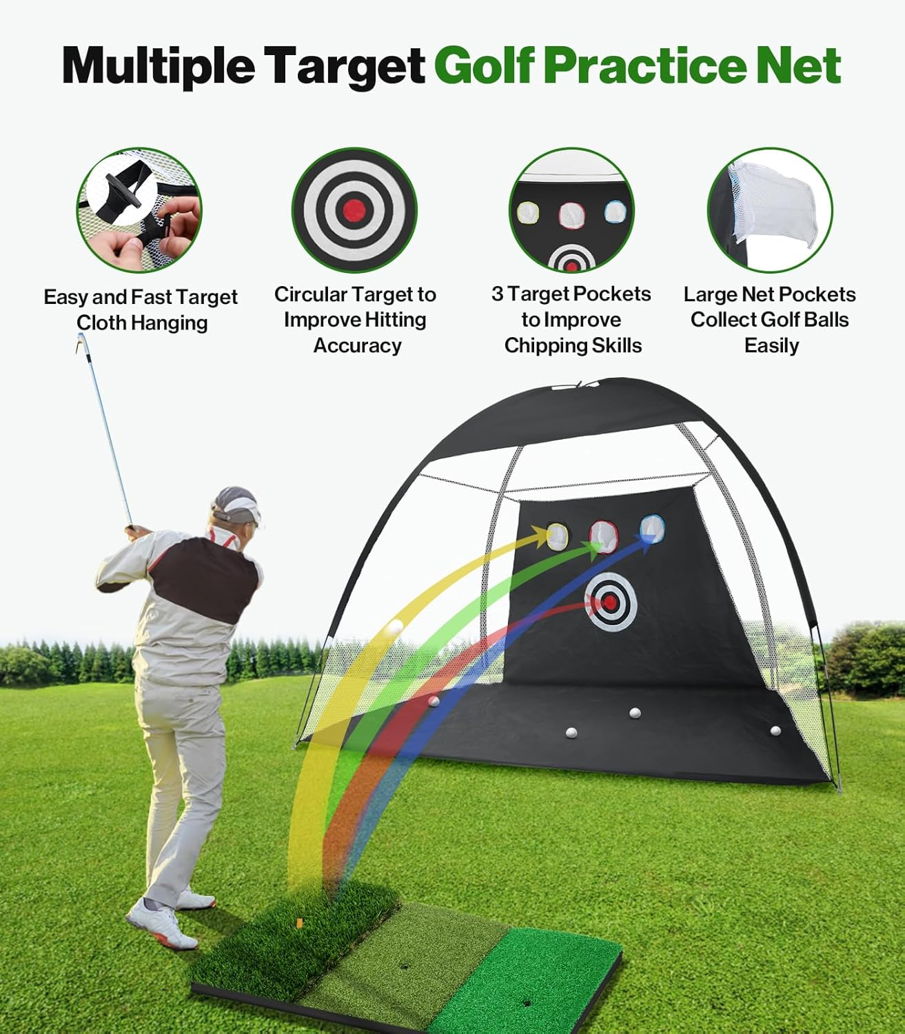 10 X 7Ft Golf Hitting Practice Net: Backyard Driving, Indoor & Outdoor Chipping Training Net with Mat, Targets & Balls, Ideal Gifts for Him, Men, Dad, Husband, Grandpa, Boys, Golfers image number 3