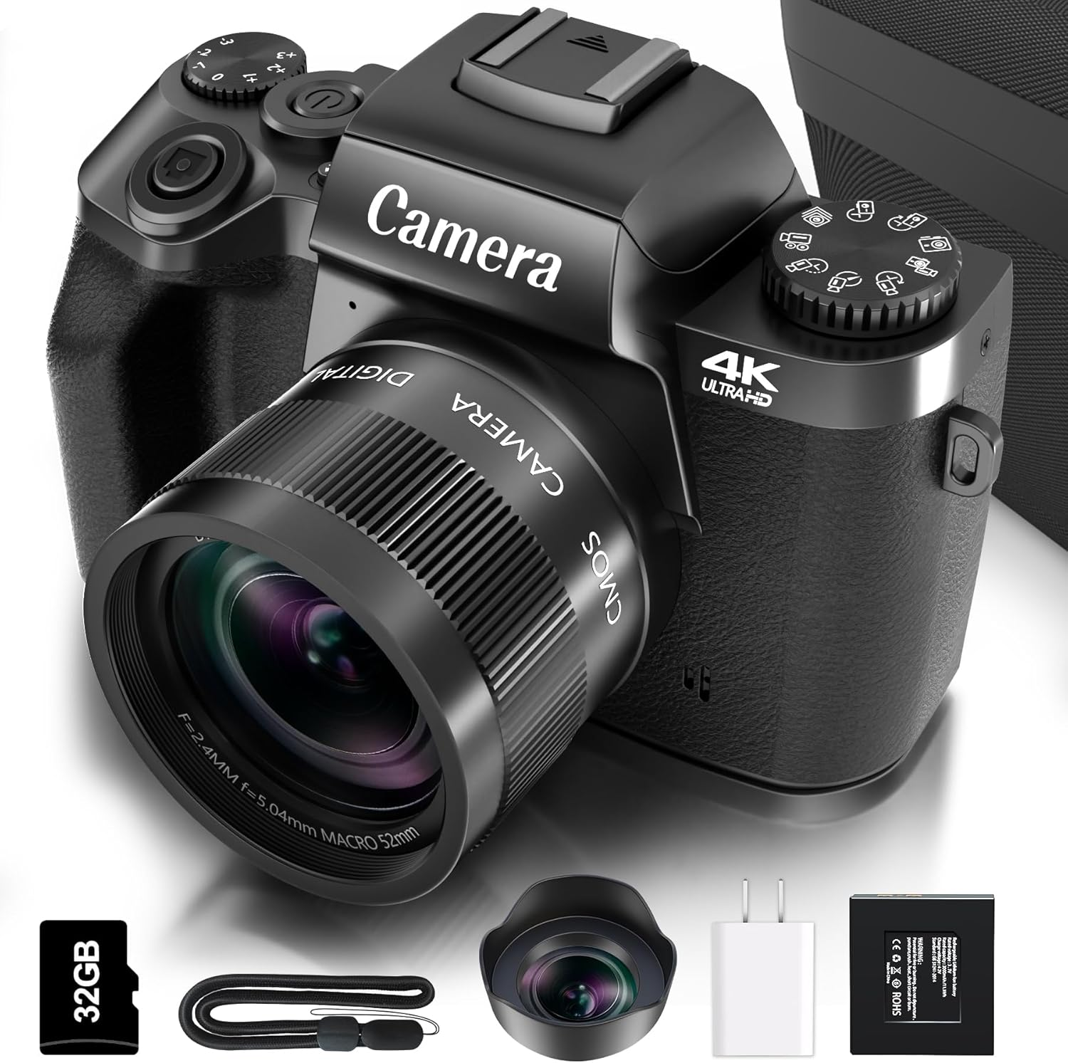 Saneen Digital Camera for Photography, 4K 64MP Wifi Touch Screen Vlogging Camera with Flash, 32GB Micro Card, Lens Hood, 3000Mah Battery, Front and Rear Cameras, 4&Prime;Big Screen, Hot Shoe Interface-Black image number 1