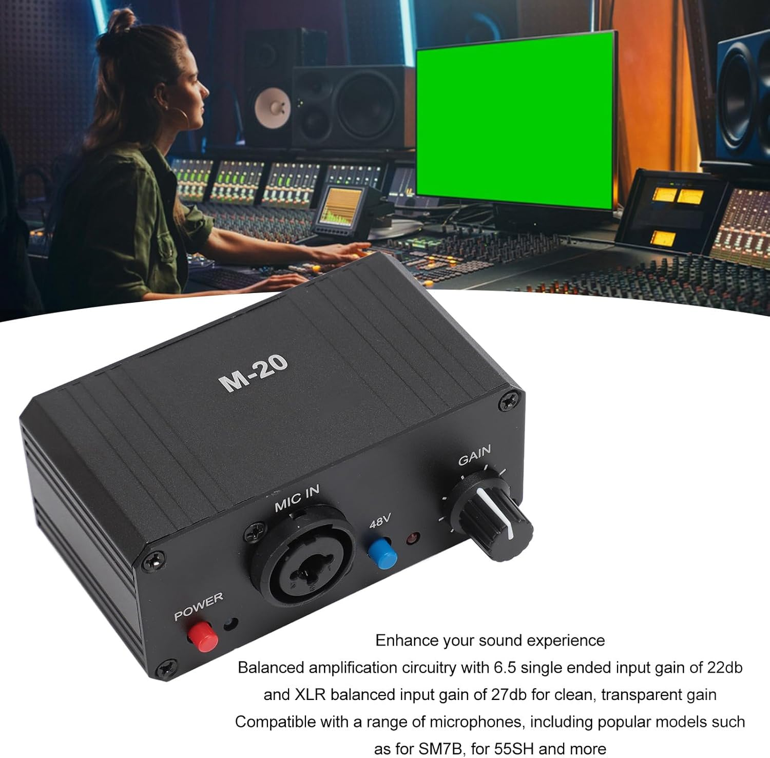 Dynamic Microphones Preamplifier, 48V Phantoms Power XLR Mic Amplifier, Universal Condenser Microphone Preamps for Professional Studios, Recording, Podcasting image number 3