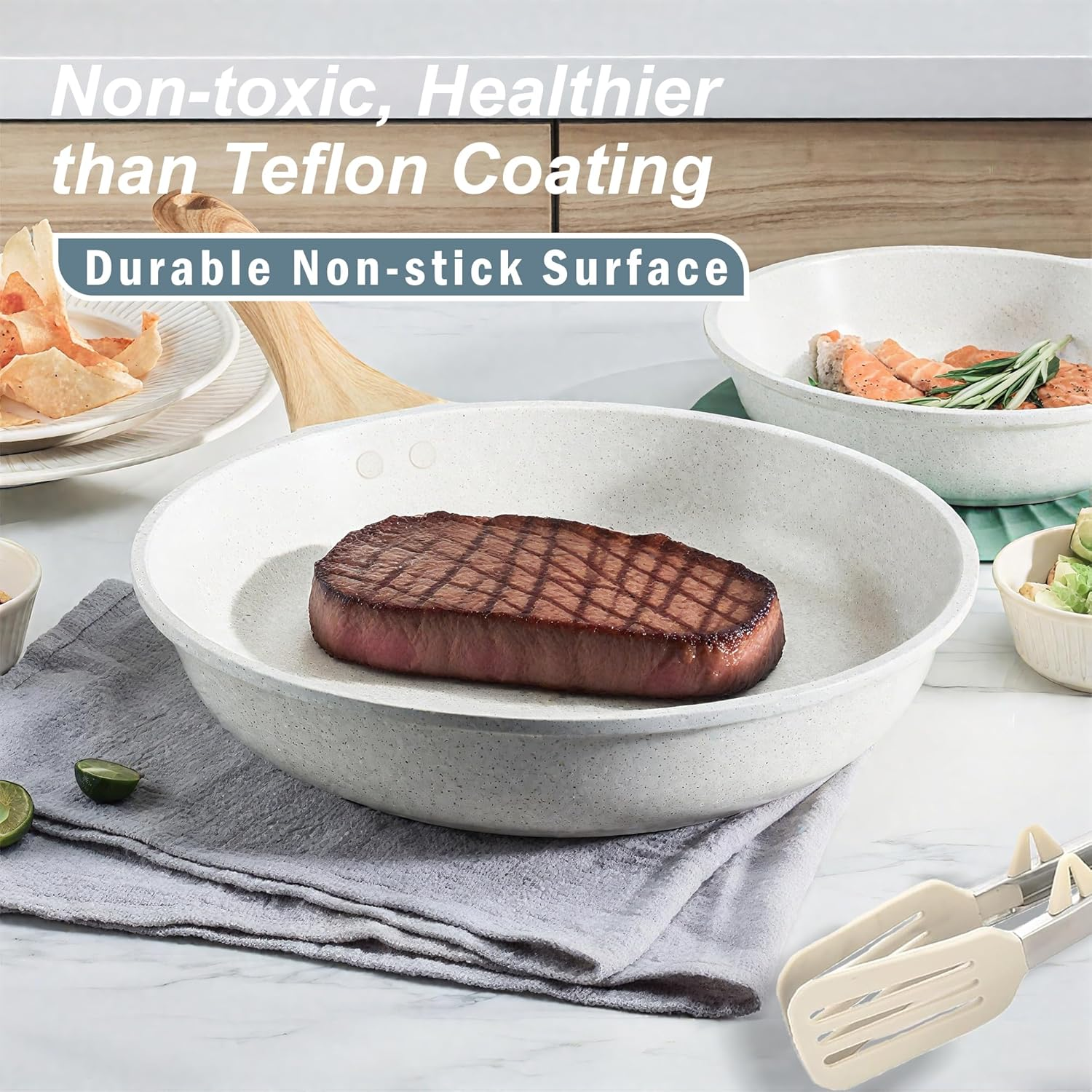 SHEUMNT 11Pcs Pots and Pans Set, Nonstick Cookware Sets, White Granite Induction Cookware Non Stick Cooking Set W/Frying Pans & Saucepans image number 5