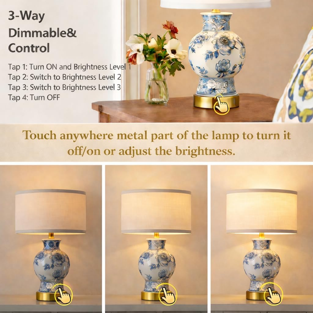 EOEYYOYB Bedside Table Lamp with USB Ports, 3-Way Dimmable Touch Lamp with Porcelain Vase Fabric Lampshade, Modern Desk Lamp Bedroom Decor for Living Room Home Office Study, Blue image number 1