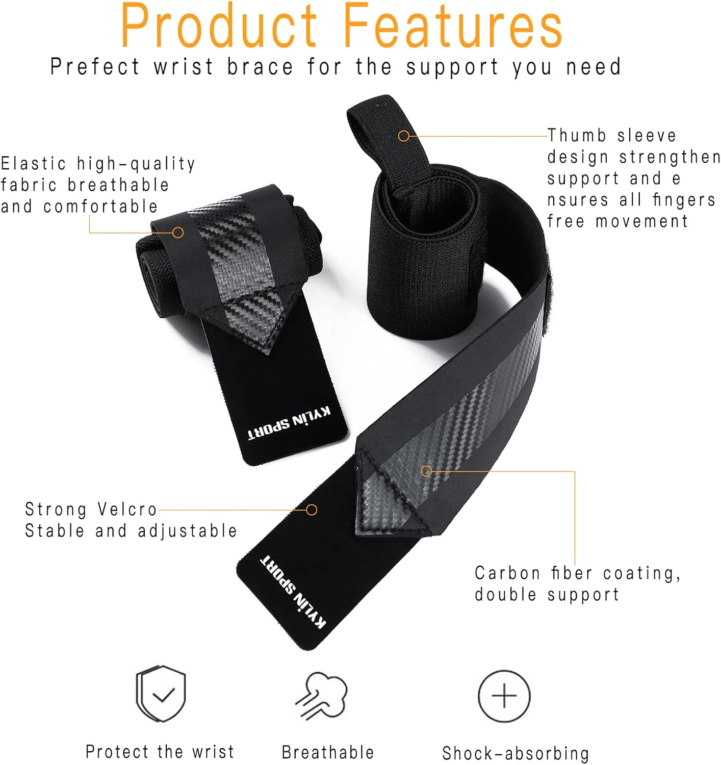 KYLIN SPORT Pair of Adjustable Wrist Wraps Weightlifting for Men & Women Weight Lifting Wrist Support for Powerlifting Strength Training