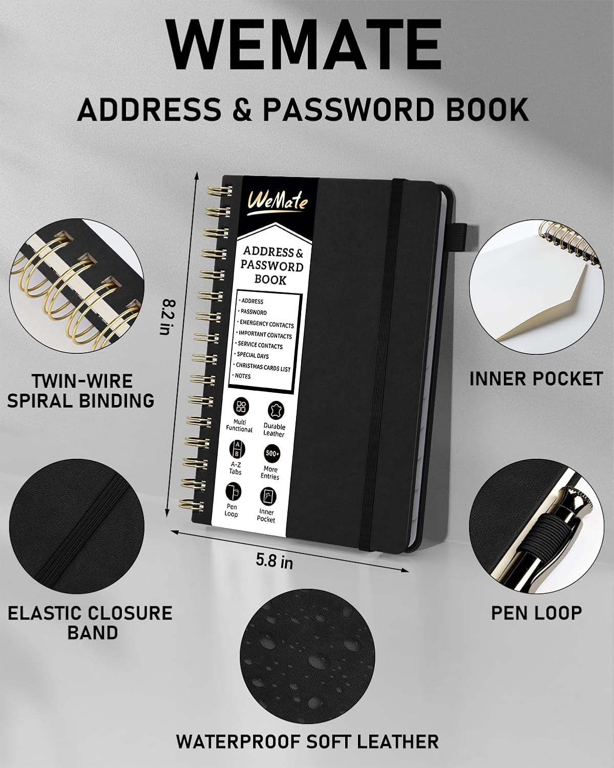 WEMATE Spiral Address Book with Alphabetical Tabs, Leather Password Book, Address Organizer Telephone Notebook Journal Keep Contact Safe Hardcover Large Print for Seniors Home Office 5.8&Prime;&times;8.2&Prime;, Black - Green image number 3