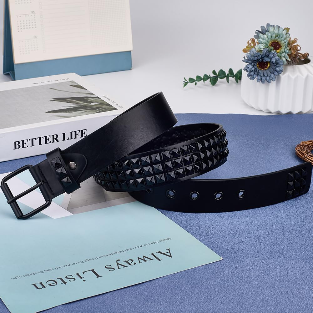 GORGECRAFT Black PU Leather Studded Rivet Belt 44.4 X 2 Inch Gothic Punk Rock Bright Metal Alloy Pyramid Studs Grommet Threads Belts, Black image number 4