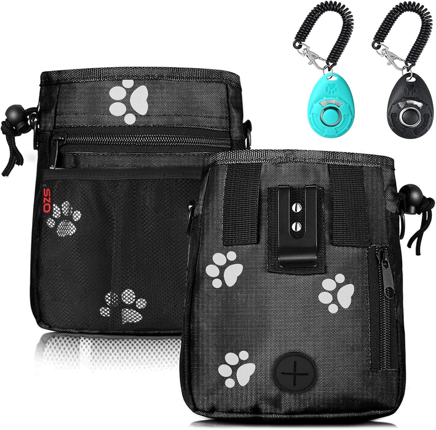 SZO Dog Treat Pouch - 3 Ways to Wear, 2-Piece Clicker Training Kit, High-Capacity, Multi-Function, Premium Nylon, Paws Pattern - Grey image number 2