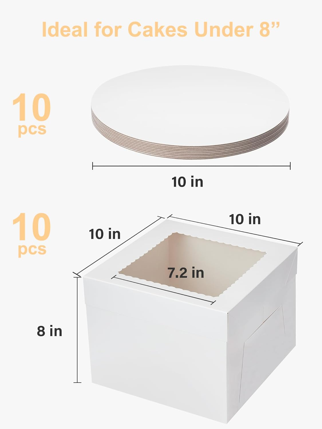 Miluoou 20Pcs Cake Boxes with Cake Boards (10 Boxes & 10 Boards), 10X10X8 Inches White Bakery Box with Window, Large Baking Boxes, Square Cake Box for Multi-Layer Cakes, Cake Decorating Supplies