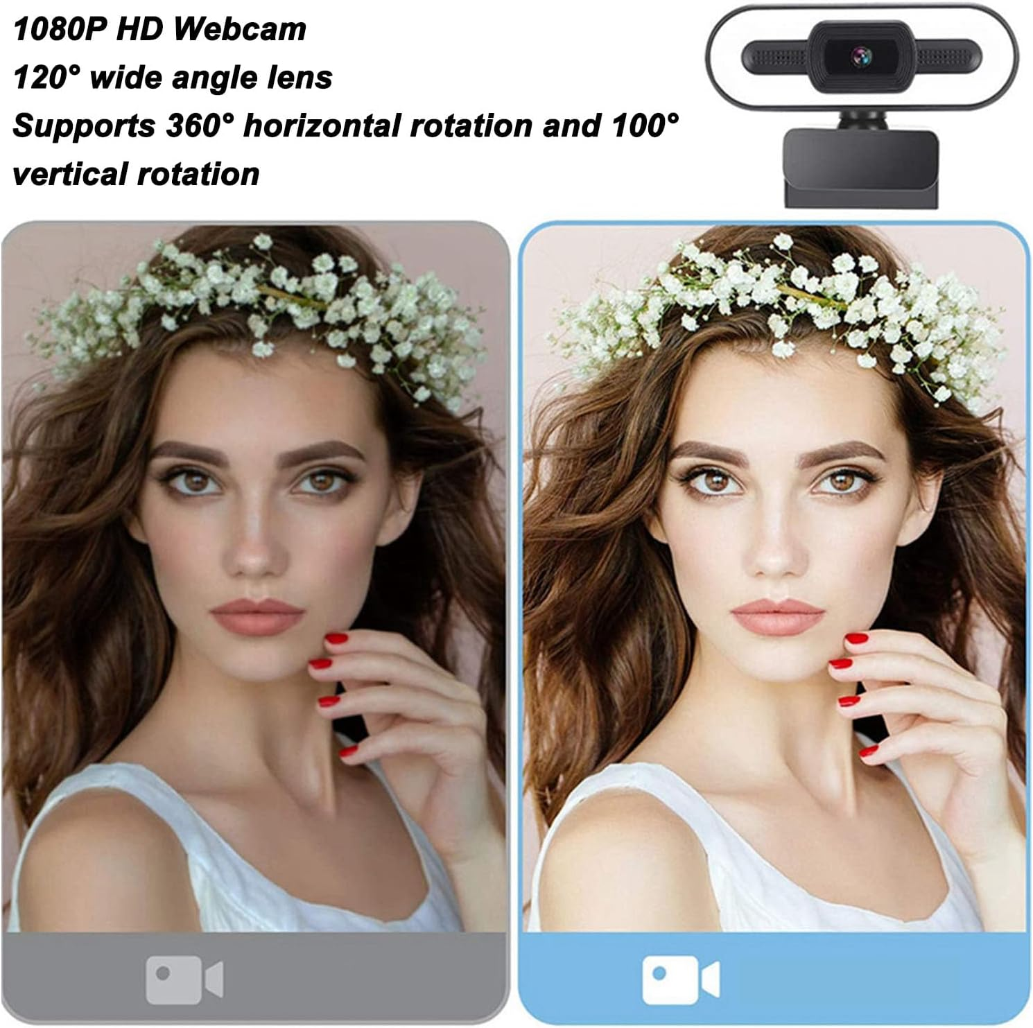 1080P HD Webcam with Microphone, Computer Web Camera Wide Angle with Adjustable Ring Light for for OS X, USB Webcam for Video Streaming Conference image number 4