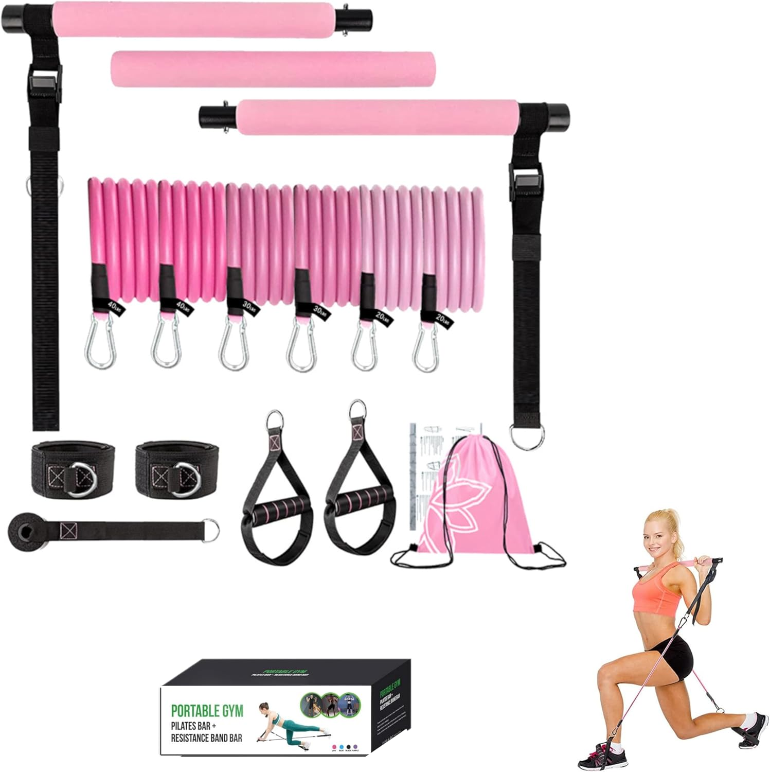 Multi Functional Pilates Bar Kit with Resistance Bands, Ankle Bands for Leg Butt Training, Adjustable 3 Section for Full Body Workouts, Pilates Workout Equipment for Legs, Hip, Waist, Arm image number 4